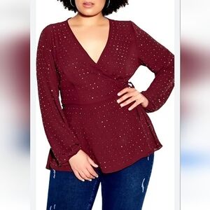 City Chic Women's Burgundy Chiffon  Sparkle Rhinestone Long Sleeve Wrap Top 14